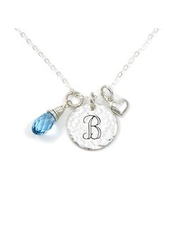AJ's Collection Keep It Simple- Personalized Sterling Silver Initial Monogram and Heart Charm Necklace with Swarovski Birthstone Briolette. Chic Gifts for Her, Wife, Girl