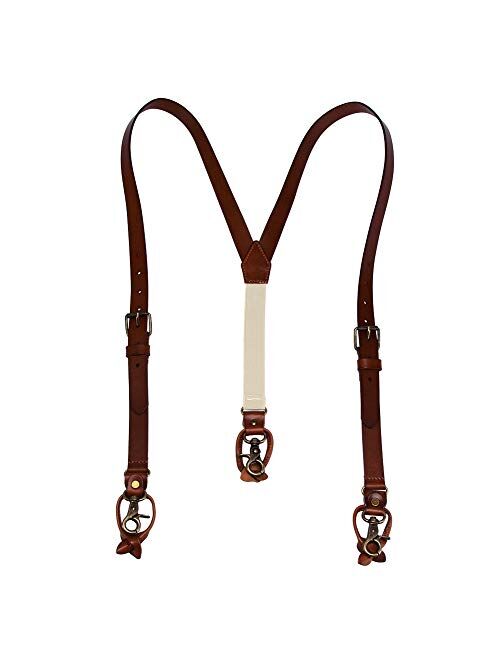 1 Inch Men's Suspenders 3 In 1, Leather Genuine Suspenders , Elastic Strap with Clips, Buttons, Snap Hooks