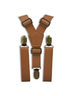 London Jae Apparel Faux Leather Brown Suspenders (Caramel, Brass Clip) 1" strap width, Fits big & tall up to 6'8, rustic, adjustable
