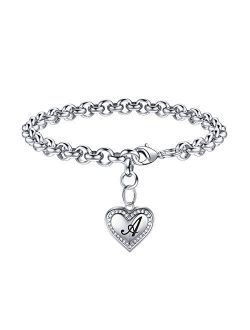 Heart Initial Bracelets for Women Girls- Stainless Steel Charm Bracelets for Women Heart Bracelets Engraved 26 Letters Initial Charm Bracelets Jewelry Gifts for Christmas