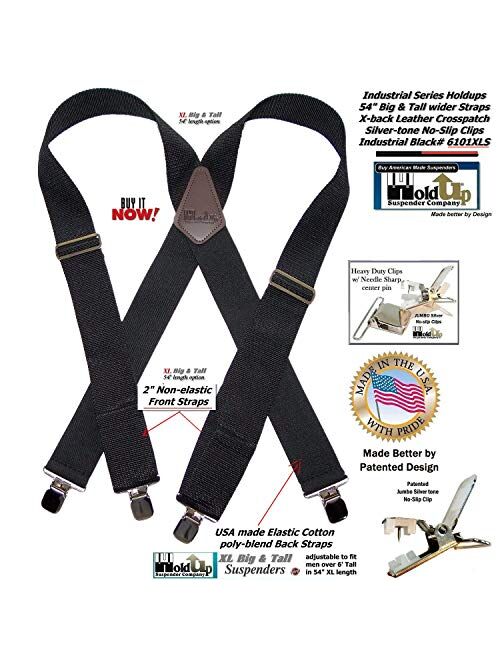 HoldUp XL Black Industrial 2" Suspenders with Non-elastic Front Straps and Jumbo No-slip Silver Clips