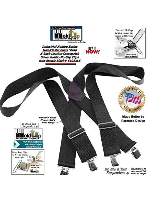HoldUp XL Black Industrial 2" Suspenders with Non-elastic Front Straps and Jumbo No-slip Silver Clips