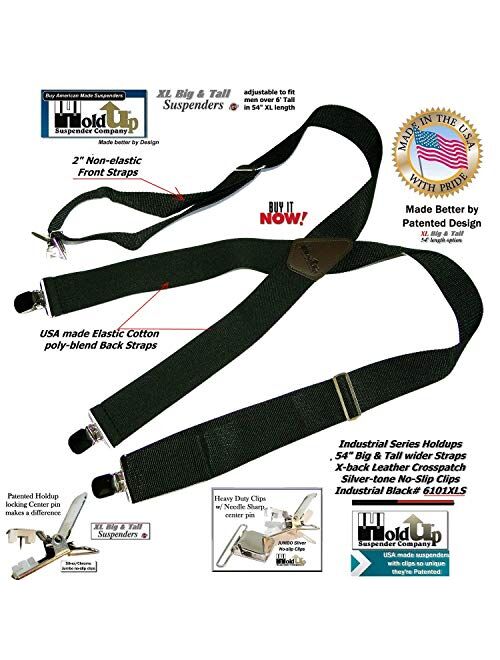 HoldUp XL Black Industrial 2" Suspenders with Non-elastic Front Straps and Jumbo No-slip Silver Clips
