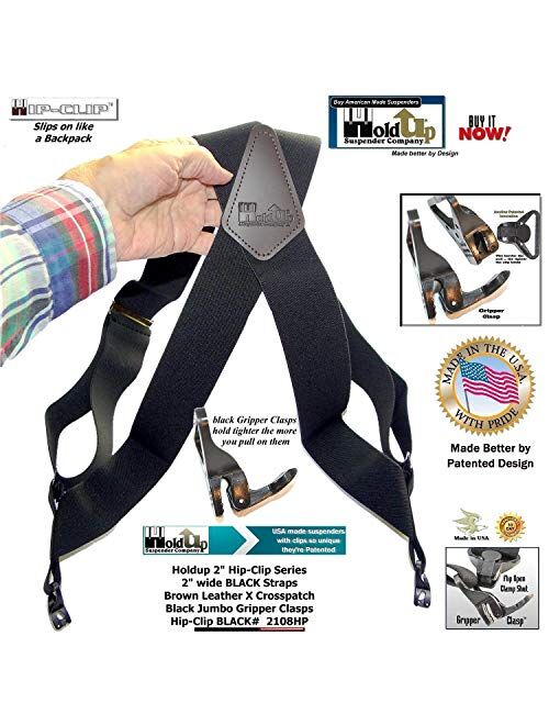 Holdup Brand American made Black Hip-clip style X-back 2" Wide Suspenders with Patented Jumbo Gripper Clasps