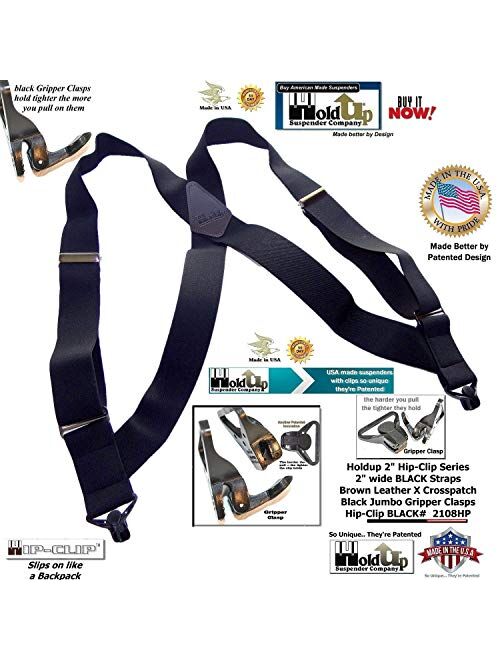 Holdup Brand American made Black Hip-clip style X-back 2" Wide Suspenders with Patented Jumbo Gripper Clasps