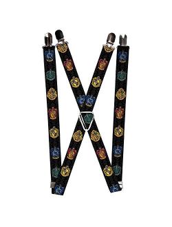 Buckle-Down Suspenders-Hogwarts & 4-House Crests/Filigree Black/Gray