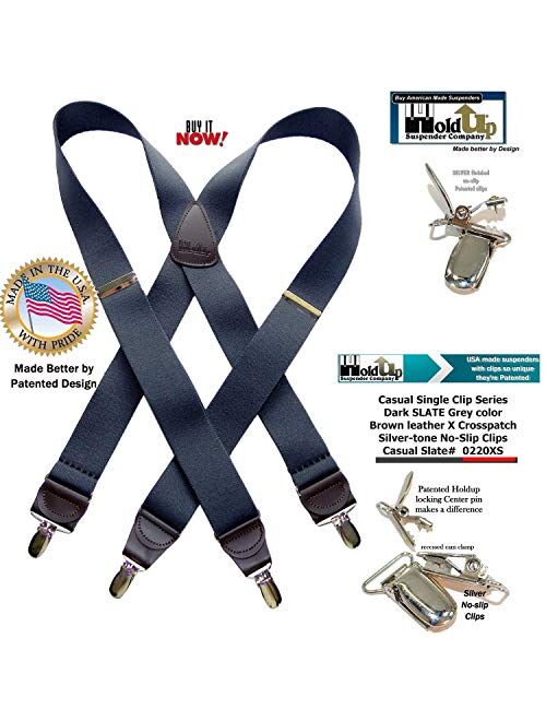 USA Made Slate Gray HoldUp brand X-back Suspenders with No-slip Silver-tone Clips