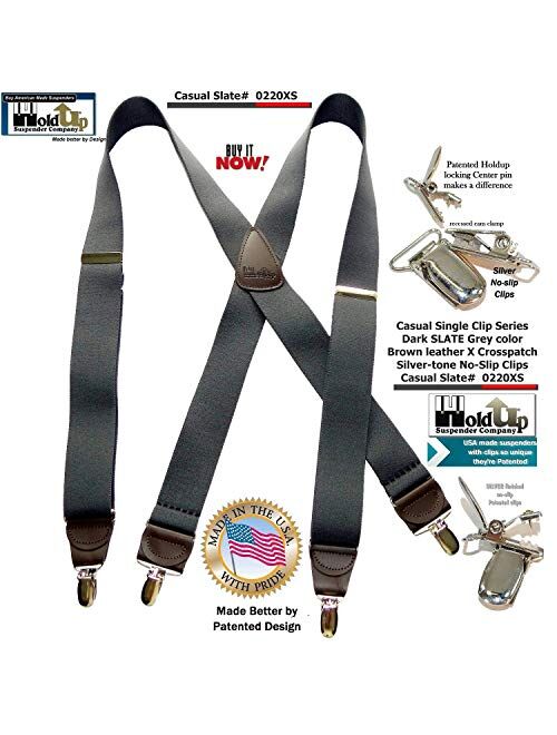 USA Made Slate Gray HoldUp brand X-back Suspenders with No-slip Silver-tone Clips