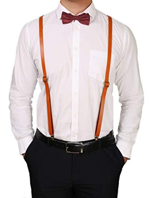 ROCKCOW Men Top Layer Leather Supenders for Men Solid Leather Suspenders with Clips