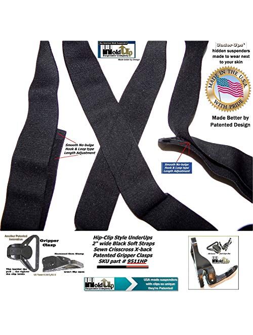 USA Made Holdup Brand Black 2" Hip-clip Style No-Buzz Suspenders Patented Gripper Clasps