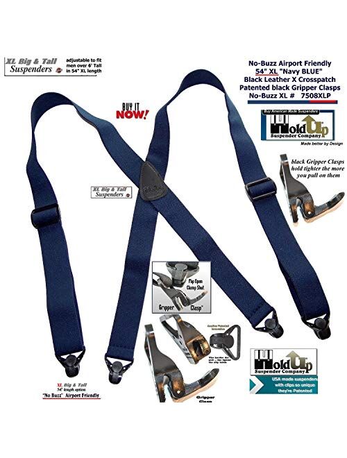 Holdup Brand Big and Tall XL No-buzz Airport Friendly Navy Blue Suspenders with Patented Gripper Clasp