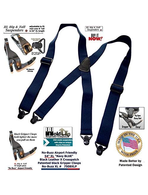 Holdup Brand Big and Tall XL No-buzz Airport Friendly Navy Blue Suspenders with Patented Gripper Clasp