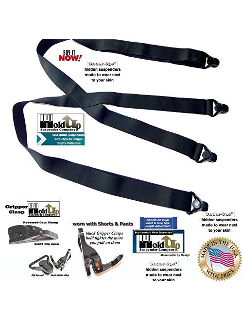 Holdup Brand USA made All Black Hidden Undergarment No-Alarm Suspenders with Patented Black Gripper Clasps