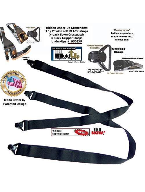 Holdup Brand USA made All Black Hidden Undergarment No-Alarm Suspenders with Patented Black Gripper Clasps