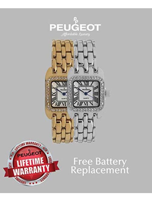 Seiko Peugeot Women's Tank Shape Watch with Panther Link Bracelet, Dress Watch with Crystal Bezel and Roman Numeral Dial