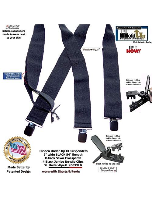 Holdup Brand 2" Wide Black XL hidden Undergarment Suspenders worn under your shirt with patented no-slip clips