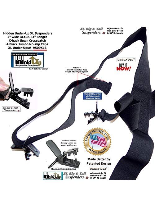Holdup Brand 2" Wide Black XL hidden Undergarment Suspenders worn under your shirt with patented no-slip clips