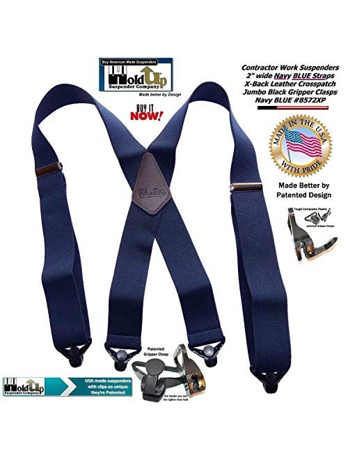 Holdup Brand Heavy Duty Navy Blue 2" Wide Work Suspenders with patented Jumbo Gripper Clasps