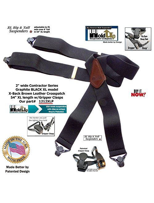 Holdup Suspender Company XL Graphite Black Contractor Series X-back work Suspenders with Patented Gripper Clasps