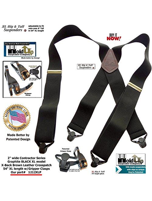 Holdup Suspender Company XL Graphite Black Contractor Series X-back work Suspenders with Patented Gripper Clasps