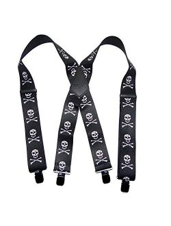 Holdup Brand Skull & Crossbones pattern X-back Biker Suspenders with Jumbo No-slip Clips