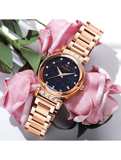 KICADN Women's Watches Starry Sky Diamond Quartz for Women Girls Ladies Wristwatch Rose Gold Easily Use Mesh Watch Valentines Day Gifts