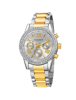 Akribos XXIV Women's Crystal Accent Watch - Multifunction 3 Subdials Day, Date and GMT On Stainless Steel Braclet - AK872