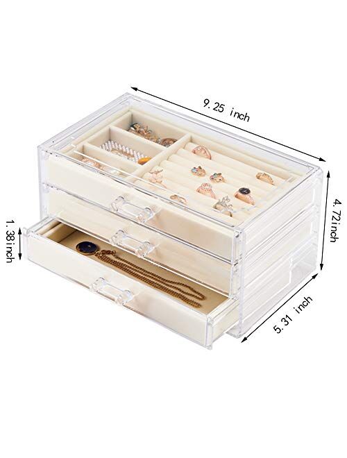 Acrylic Jewelry Box 3 Drawers, Velvet Jewellery Organizer, Earring Rings  Necklaces Bracelets Display Case Gift for Women, Girls