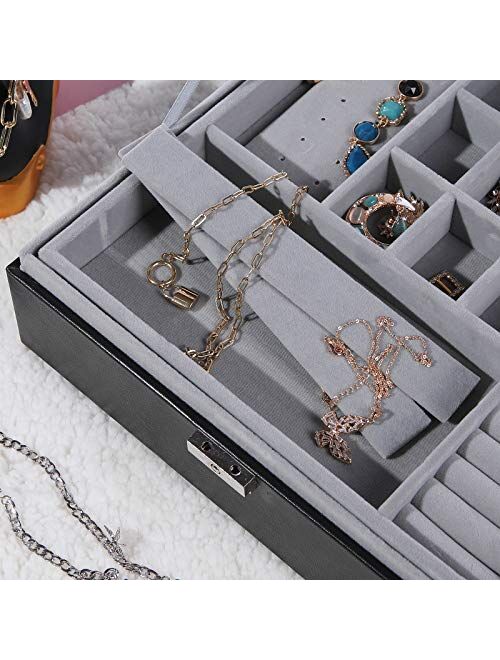 misaya Women Jewelry Box Organizer 2 Layer Large Lockable Display Jewelry Holder for Earring Ring Necklace, Gray