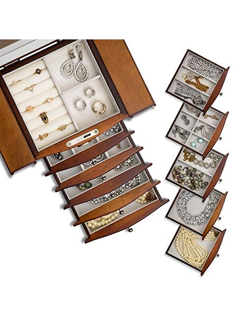 Rowling Large Wooden Jewelry Box Earrling Necklace Bracelets Organizer 6 Drawers M10 (BROWN)