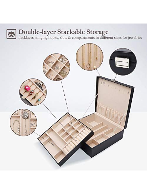 ProCase Jewelry Box for Mother's Day Gift, Large Leather Jewelry Organizer Storage Case with Two Layers Display for Earrings Bracelets Rings Watches for Women Girl -Black
