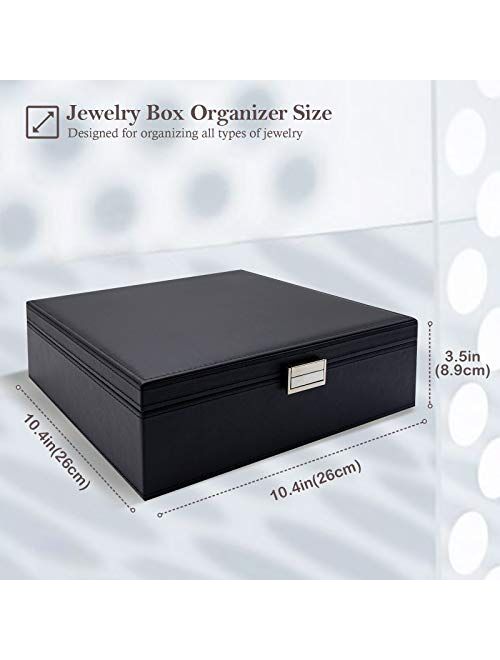 ProCase Jewelry Box for Mother's Day Gift, Large Leather Jewelry Organizer Storage Case with Two Layers Display for Earrings Bracelets Rings Watches for Women Girl -Black