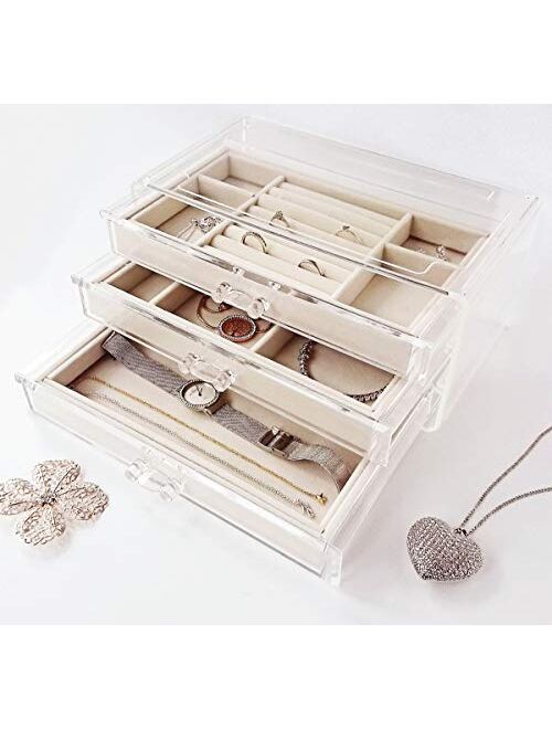 HerFav Jewelry Box for Women with 3 Drawers, Velvet Jewelry Organizer for Earring Bangle Bracelet Necklace and Rings Storage Clear Acrylic Jewelry case