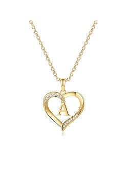 Heart Initial Necklace for Women, 14K Gold Plated Cubic Zirconia Heart Pendant Necklace, Dainty Initial Charm Necklace Alphabet Letter A to Z Initial Jewelry for Women Gi
