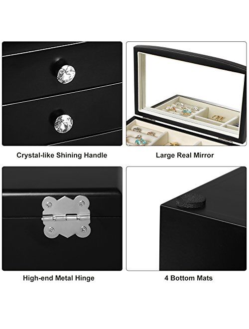 SONGMICS Jewelry Box, 3-Tier Wooden Jewelry Case, Jewelry Organizer with Large Mirror, for Rings, Necklaces, Earrings, Bracelets, Black UJOW03B