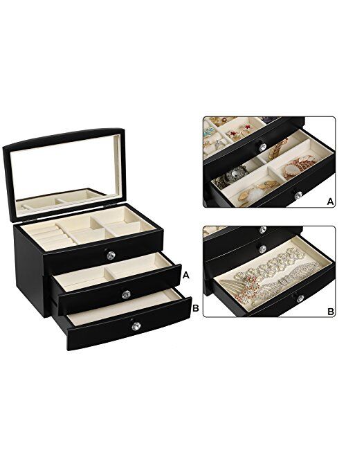 SONGMICS Jewelry Box, 3-Tier Wooden Jewelry Case, Jewelry Organizer with Large Mirror, for Rings, Necklaces, Earrings, Bracelets, Black UJOW03B