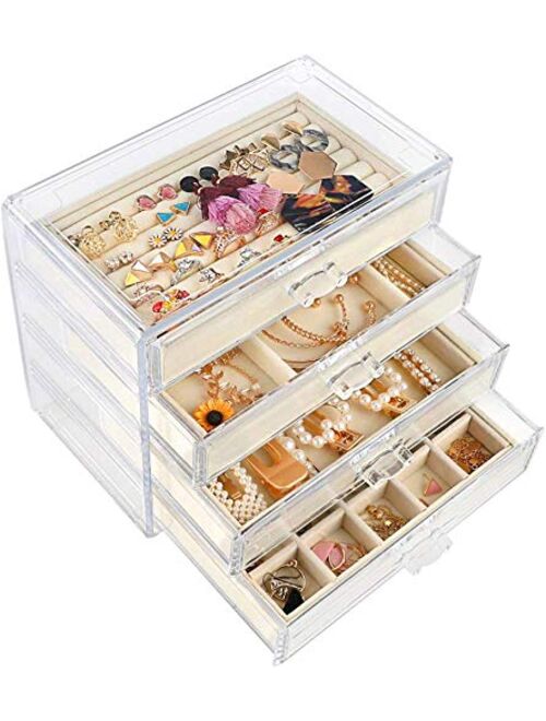 Mebbay Acrylic Jewelry Box with 4 Drawers, Velvet Jewelry Organizer for Earring Necklace Ring & Bracelet, Clear Jewelry Display Storage Case for Woman, Beige