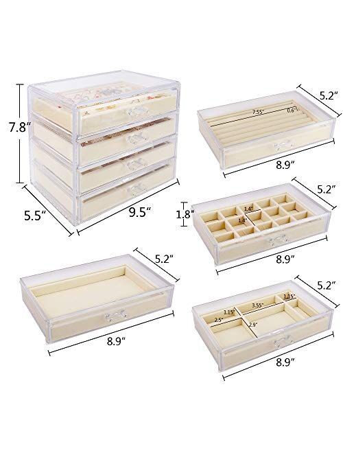Mebbay Acrylic Jewelry Box with 4 Drawers, Velvet Jewelry Organizer for Earring Necklace Ring & Bracelet, Clear Jewelry Display Storage Case for Woman, Beige