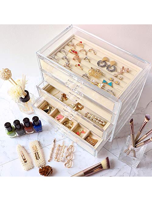 Mebbay Acrylic Jewelry Box with 4 Drawers, Velvet Jewelry Organizer for Earring Necklace Ring & Bracelet, Clear Jewelry Display Storage Case for Woman, Beige