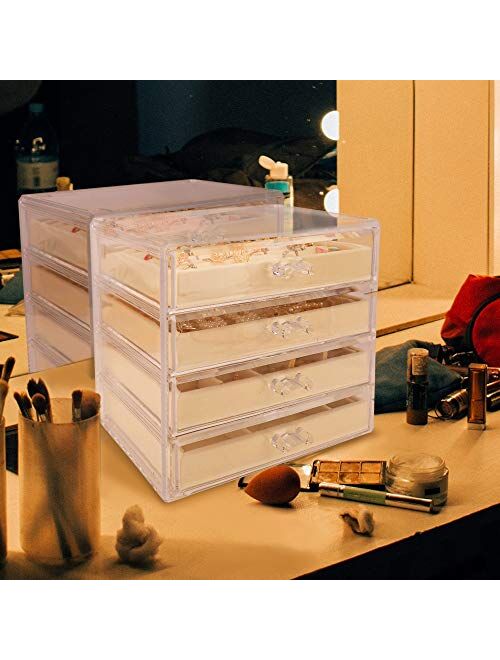 Mebbay Acrylic Jewelry Box with 4 Drawers, Velvet Jewelry Organizer for Earring Necklace Ring & Bracelet, Clear Jewelry Display Storage Case for Woman, Beige