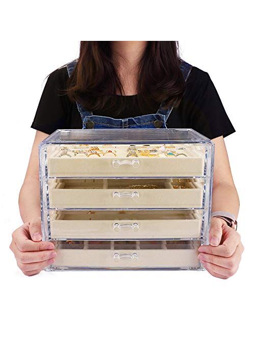 Mebbay Acrylic Jewelry Box with 4 Drawers, Velvet Jewelry Organizer for Earring Necklace Ring & Bracelet, Clear Jewelry Display Storage Case for Woman, Beige
