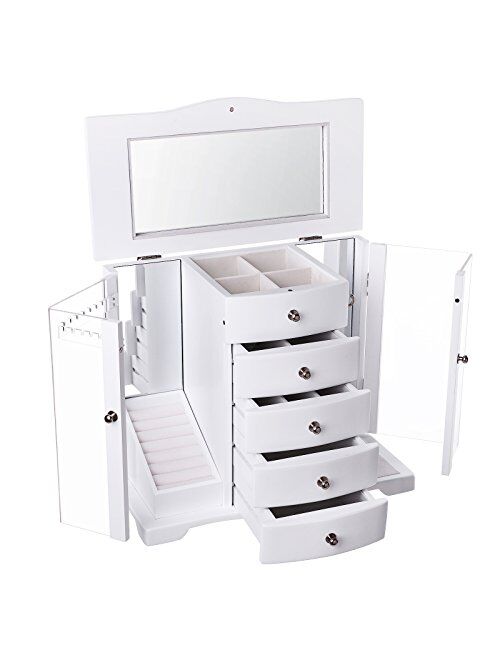 SONGMICS Wooden Jewelry Box Large Organizer with Clear Acrylic Doors and 4 Drawers, White UJOW57W