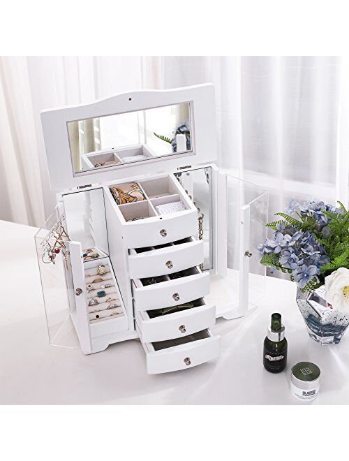 SONGMICS Wooden Jewelry Box Large Organizer with Clear Acrylic Doors and 4 Drawers, White UJOW57W