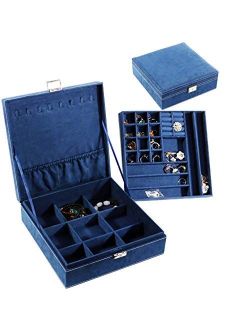 PENGKE 2 Layer Jewelry Box for Women 36 grid necklace or jewelry holder organizer with lock,Blue Pack of 1
