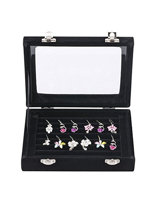 Velvet Glass Jewelry Display Storage Box Ring Earrings Jewelry Box Ring Holder Case, 2 clasps (Grey)
