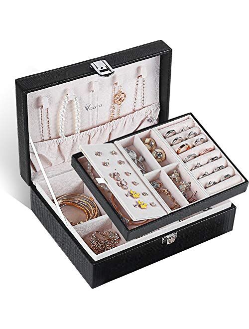 Voova Jewelry Box Organizer for Women Girls, 2 Layer Large Men Jewelry Storage Case, PU Leather Display Jewel Holder with Removable Tray for Necklace Earrings Rings Brace