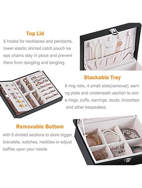 Voova Jewelry Box Organizer for Women Girls, 2 Layer Large Men Jewelry Storage Case, PU Leather Display Jewel Holder with Removable Tray for Necklace Earrings Rings Brace