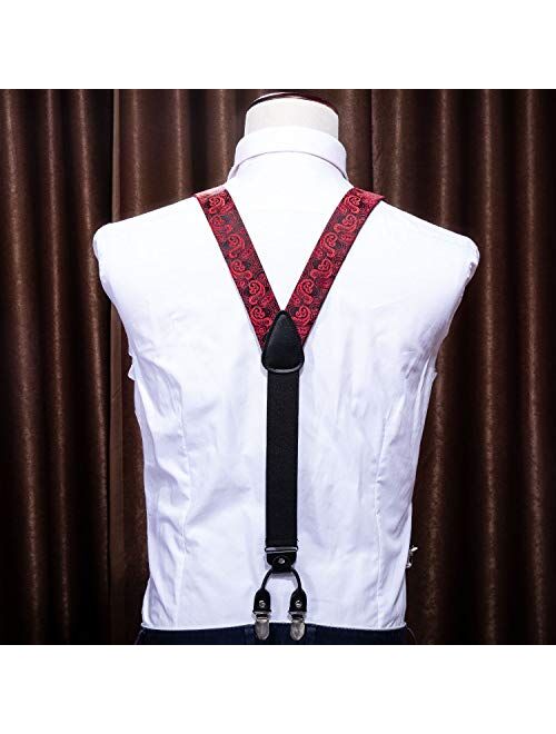 YOHOWA Suspenders for Men 6 Clips Strength Adjustable Y Braces Paisley Pre-tied Bow Tie Hankerchief Cufflinks Set Formal