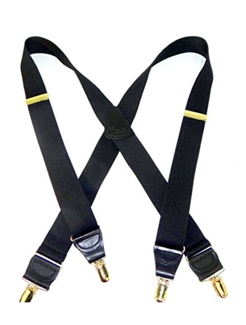 HoldUp Suspender Company's Extra Long 1.5" Wide All Black Suspenders in X-back style with Gold No-slip Clips