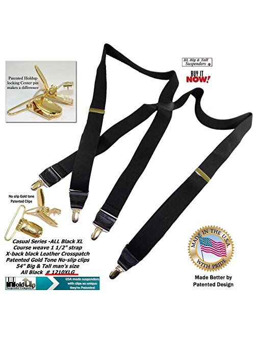 HoldUp Suspender Company's Extra Long 1.5" Wide All Black Suspenders in X-back style with Gold No-slip Clips